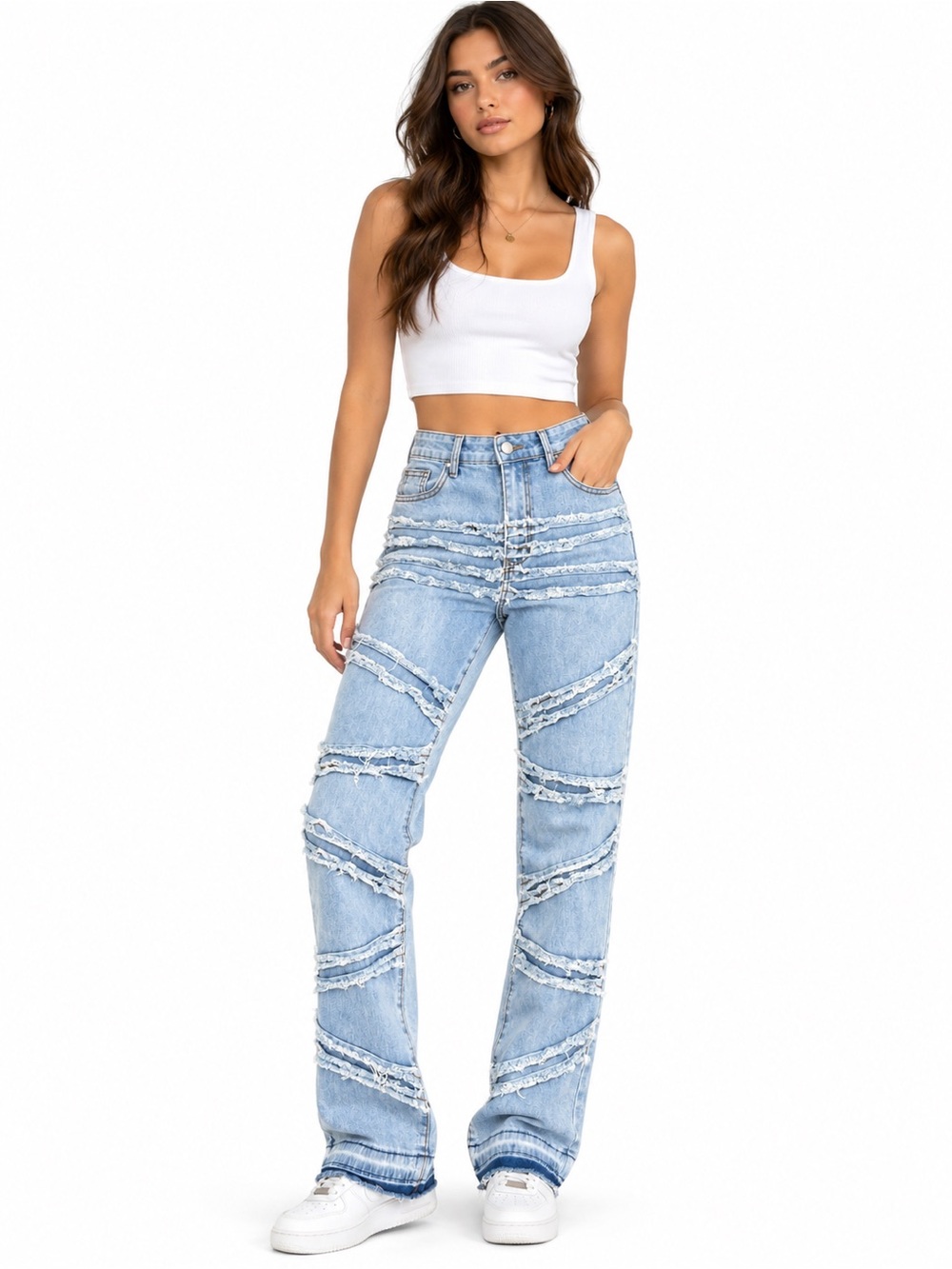 Light Blue Distressed Stretchy High-Rise Straight Jeans from Japan